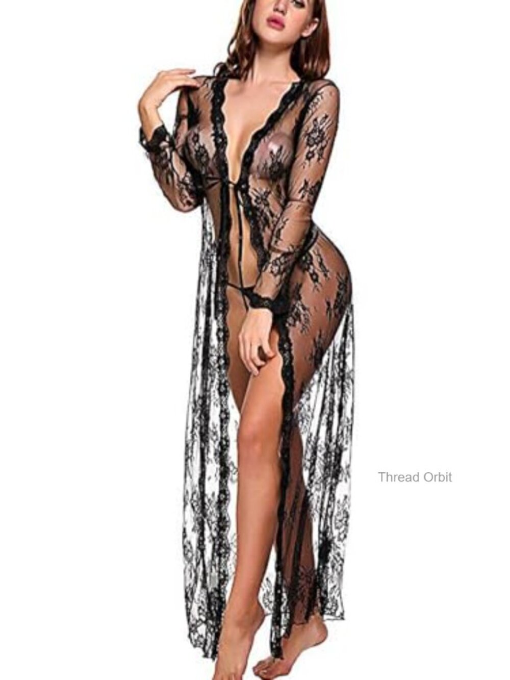 Lace Sheer Long Kimono Robe with G-String Lingerie Set